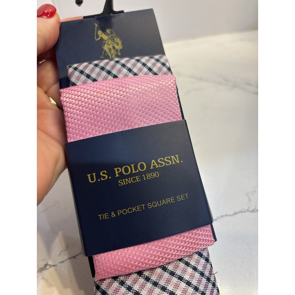 U.S. Polo Assn Men Tie & Pocket Square Set - Pink Black Plaid NWT EASTER SPRING - Picture 2 of 3